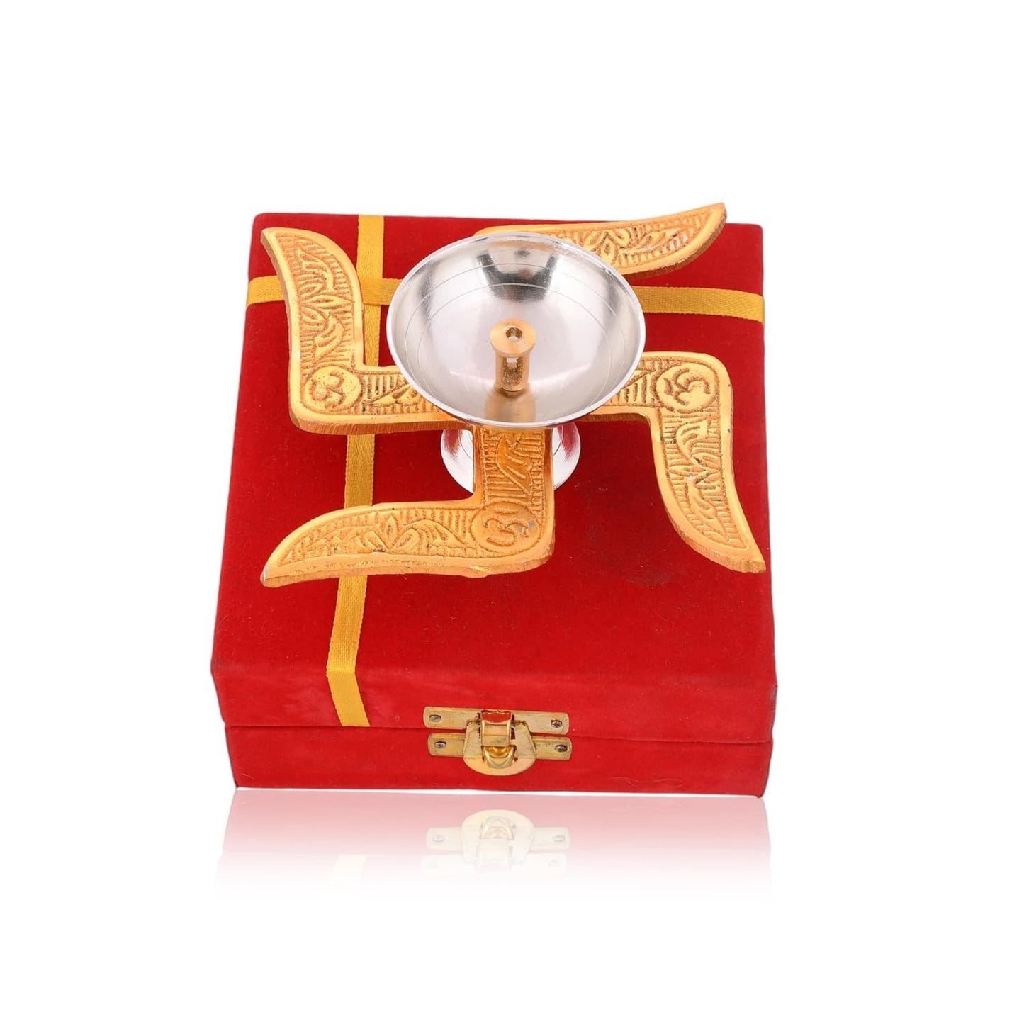 Premium Brass Swastik Diya with Red Velvet Box for Pooja