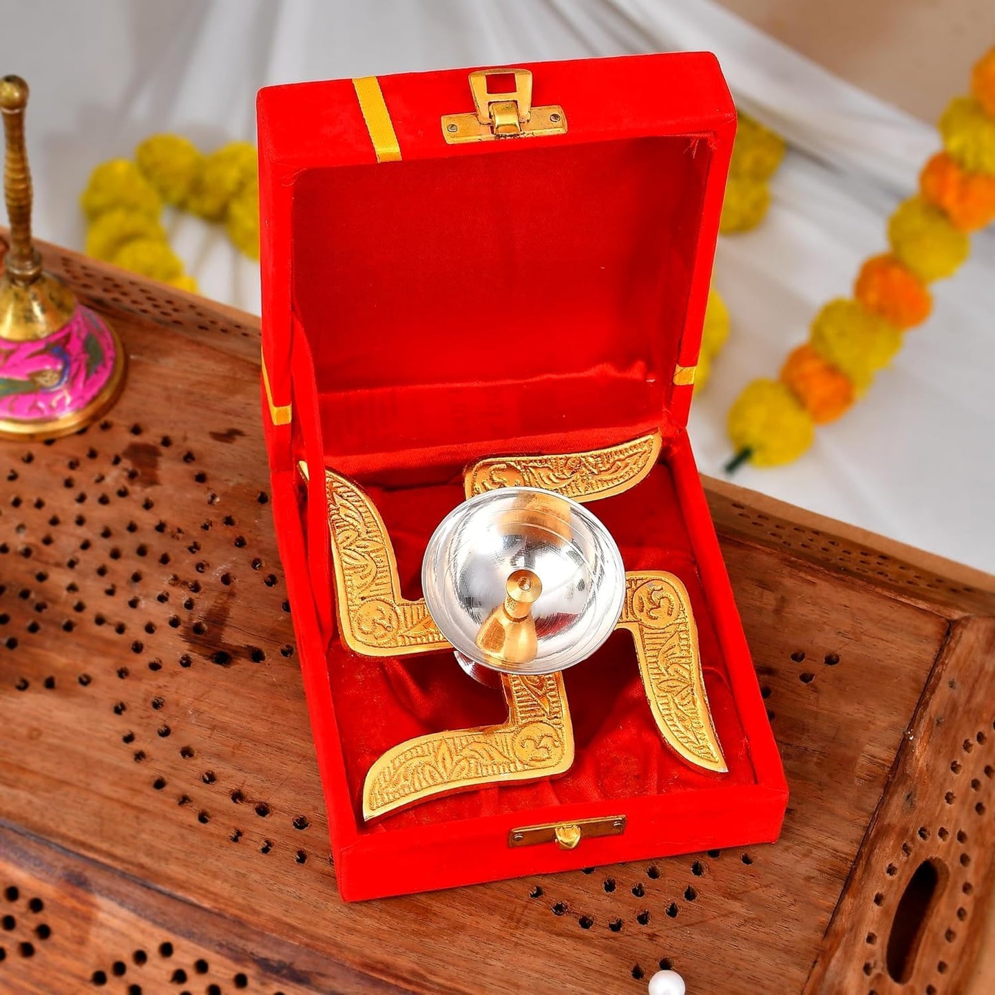 Premium Brass Swastik Diya with Red Velvet Box for Pooja