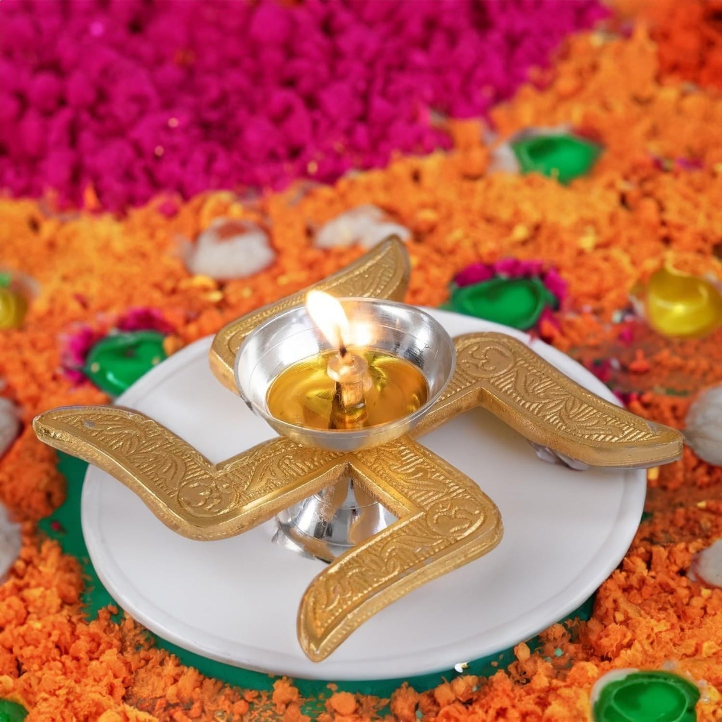 Premium Brass Swastik Diya with Red Velvet Box for Pooja