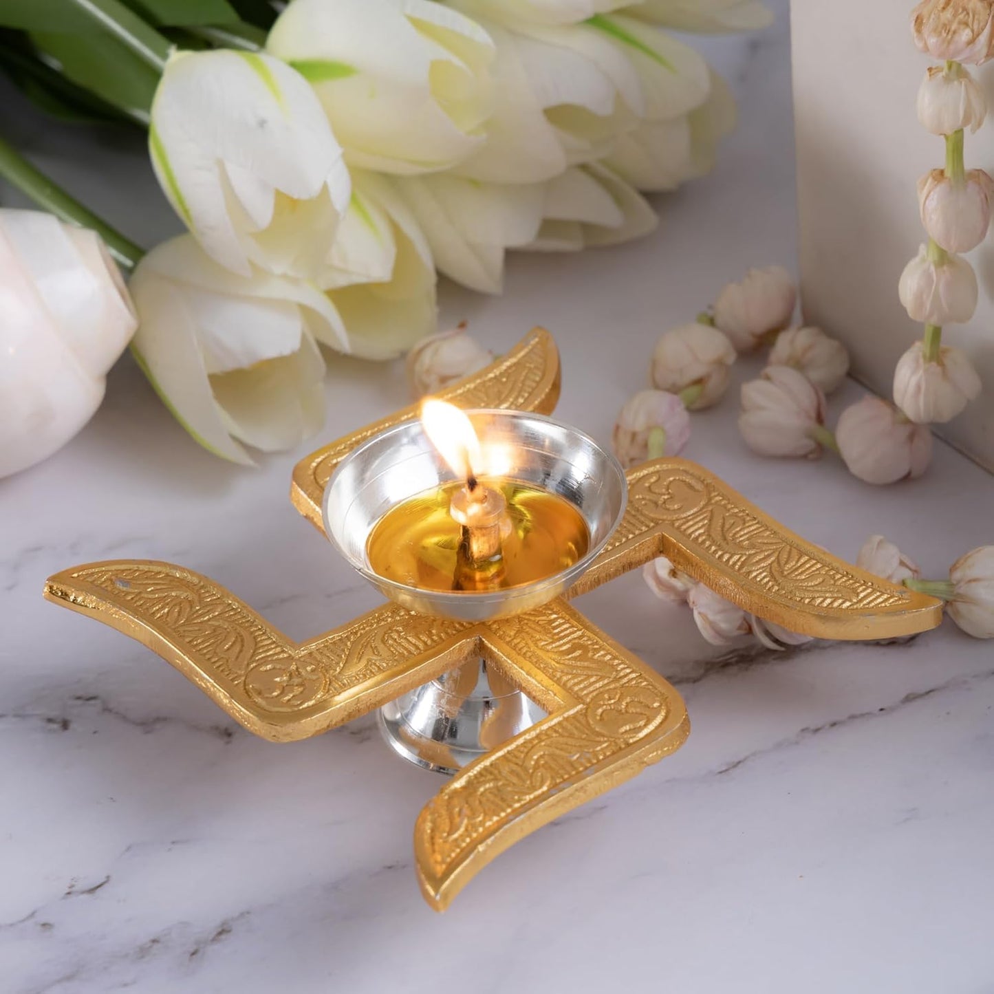 Premium Brass Swastik Diya with Red Velvet Box for Pooja